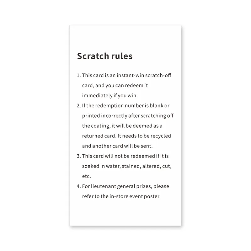 Custom Scratch Ticket 2025 New Design Digital Printing Coating Barcode Black Core Paper Scratch and Win Cards - Image 6